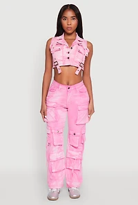 Womens Spoon Jeans Mineral Wash Denim Cargo Vest, Pink, Size M