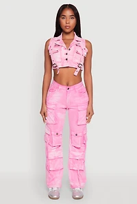 Womens Spoon Jeans Mineral Wash Denim Cargo Vest, Pink, Size M