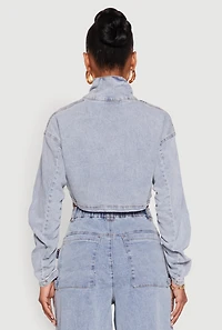 Womens Spoon Jeans Ruched Zip Front Cropped Denim Jacket, Blue, Size S