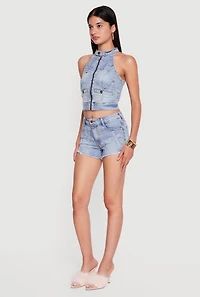 Cross Applique Raw Hem High Waisted Denim Shorts