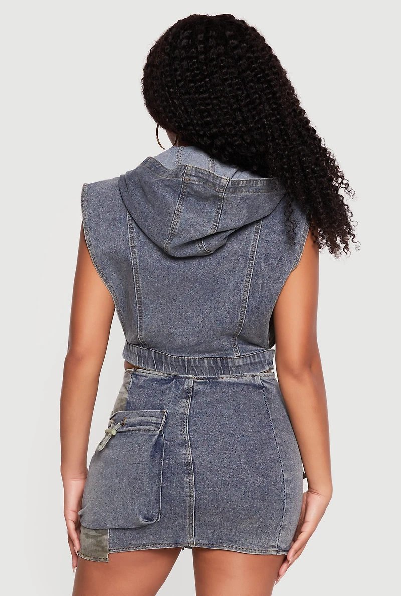 Denim Layered Look Camo Detail Open Sides Vest