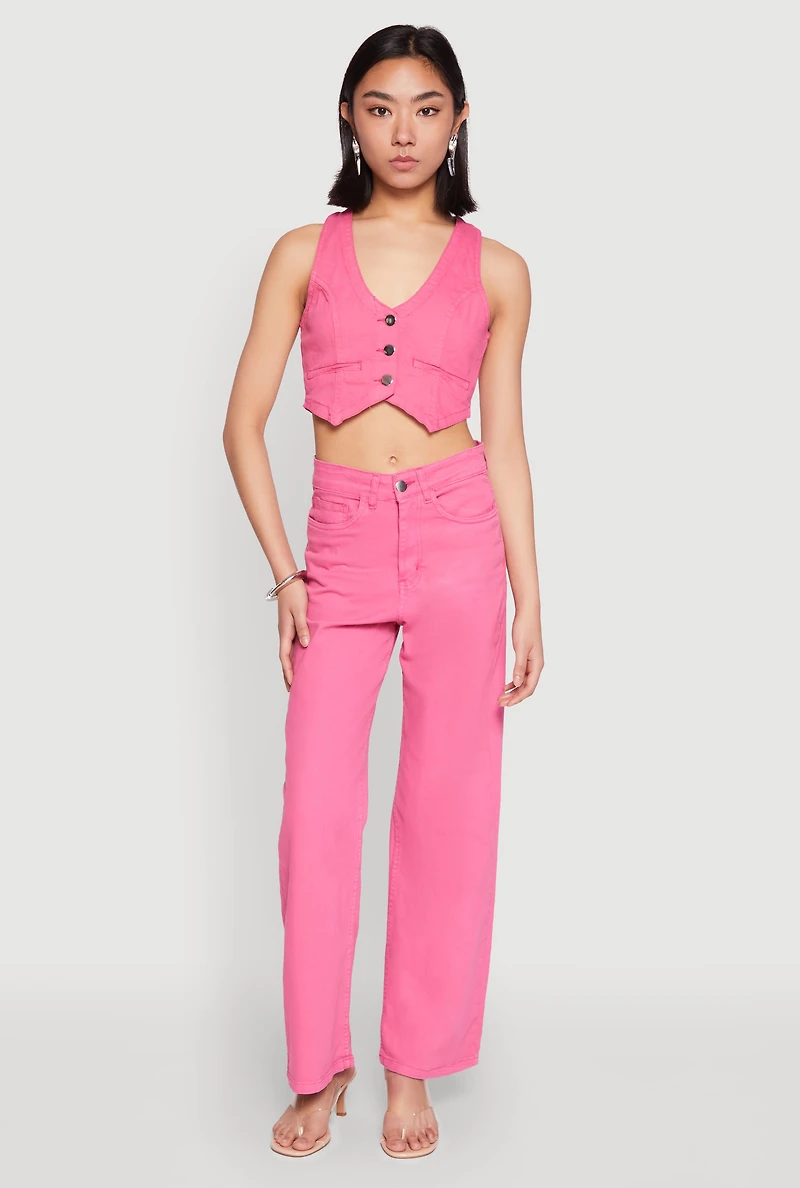 Womens Spoon Jeans Denim Button Front Vest, Pink, Size S