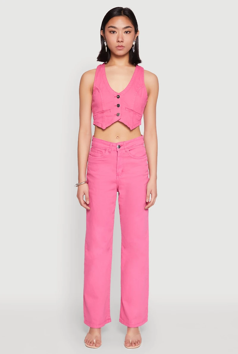 Womens Spoon Jeans Denim Button Front Vest, Pink, Size S