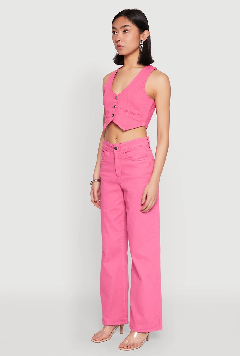 Womens Spoon Jeans Denim Button Front Vest, Pink, Size S