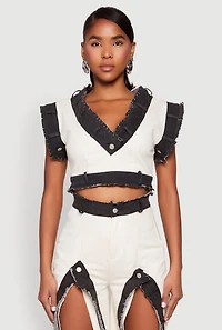 Womens Contrast Trim Denim Crop Top, Multi,