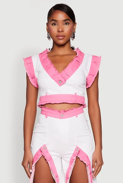 Womens Contrast Trim Denim Crop Top, Multi, Size M