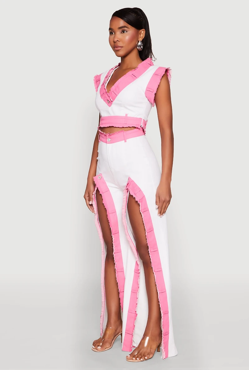 Womens Contrast Trim Denim Crop Top, Multi,