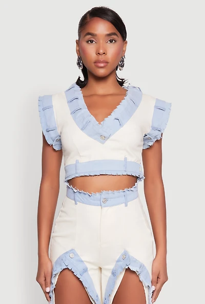 Womens Contrast Trim Denim Crop Top, Multi,