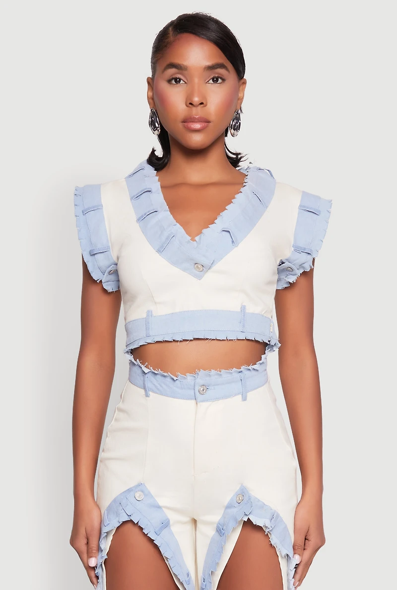 Contrast Trim Denim Crop Top