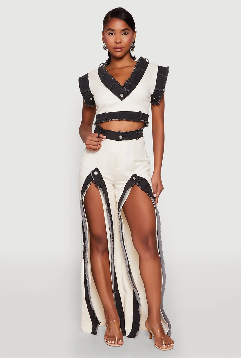 Contrast Trim High Slit Front Jeans