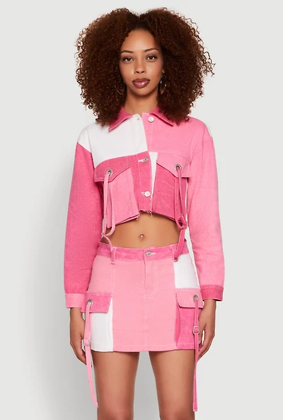 Womens Color Blocked Denim Jacket, Pink, Size S