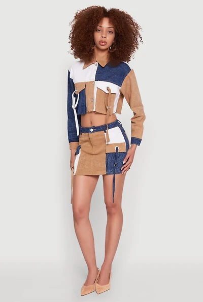 Womens Color Blocked Denim Cargo Skirt, Multi, Size M