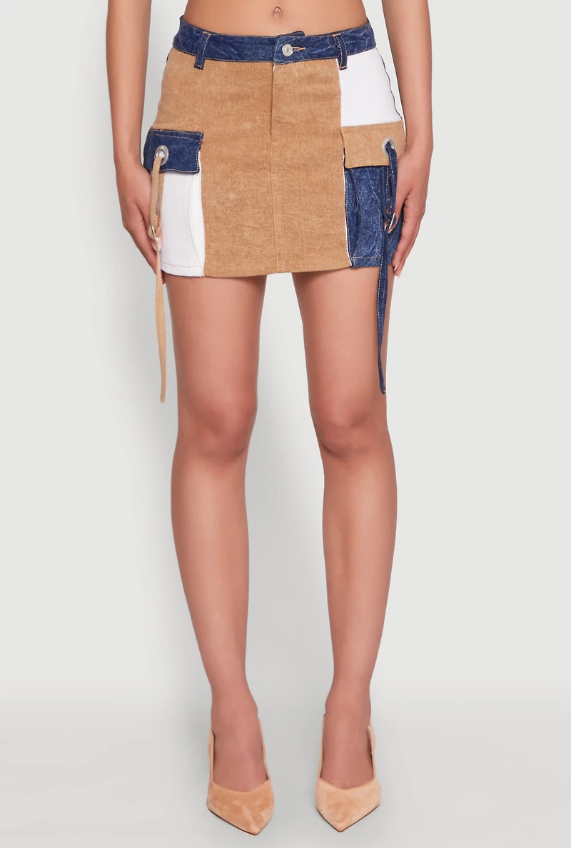 Womens Color Blocked Denim Cargo Skirt, S