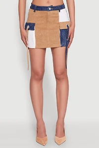 Womens Color Blocked Denim Cargo Skirt, S