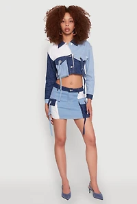 Color Blocked Denim Cargo Skirt