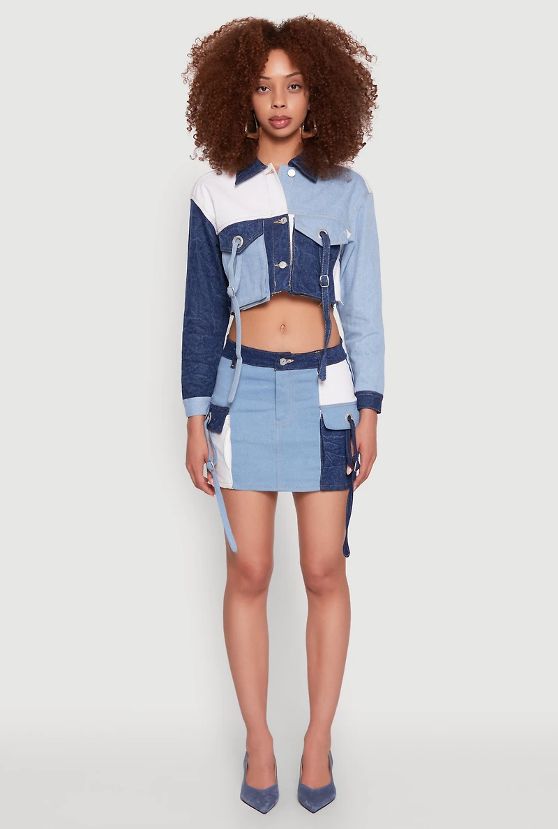 Womens Color Blocked Denim Cargo Skirt, Blue,