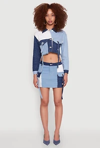 Color Blocked Denim Cargo Skirt