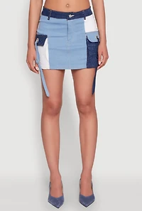 Womens Color Blocked Denim Cargo Skirt,