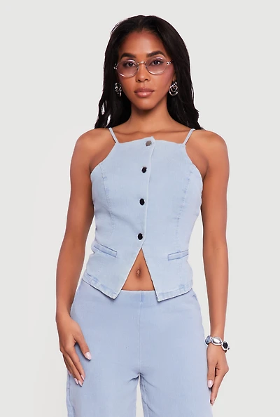 Sleeveless Button Front Denim Top