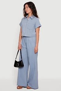 Pleated High Waisted Wide Leg Chambray Pants