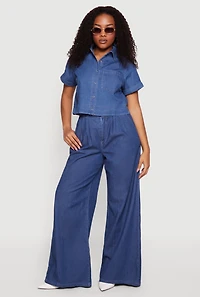 Pleated High Waisted Wide Leg Chambray Pants