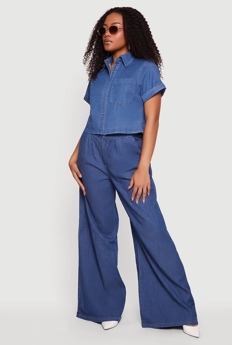 Pleated High Waisted Wide Leg Chambray Pants