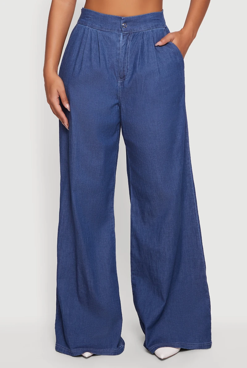 Pleated High Waisted Wide Leg Chambray Pants