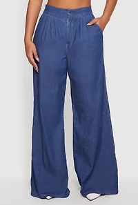 Pleated High Waisted Wide Leg Chambray Pants