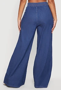Pleated High Waisted Wide Leg Chambray Pants