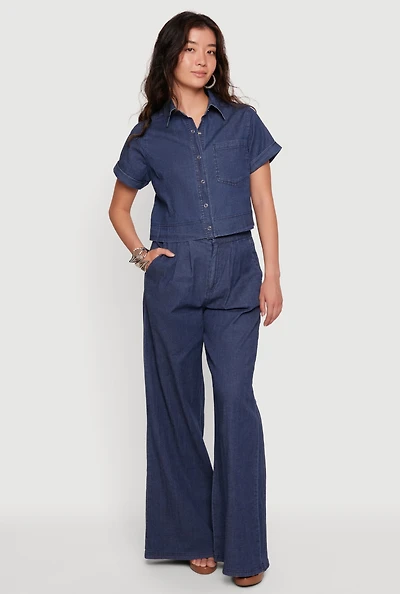 Pleated High Waisted Wide Leg Chambray Pants