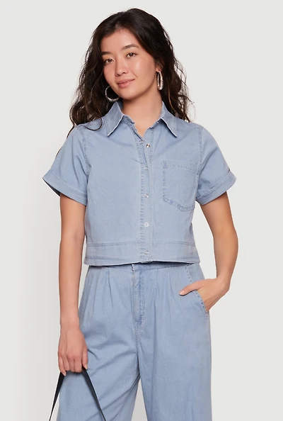 Chambray Cropped Snap Button Front Shirt