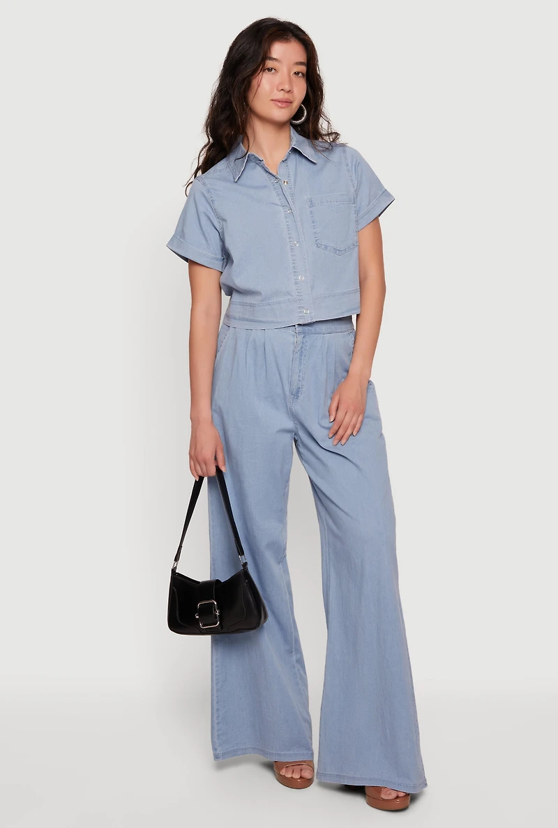 Chambray Cropped Snap Button Front Shirt