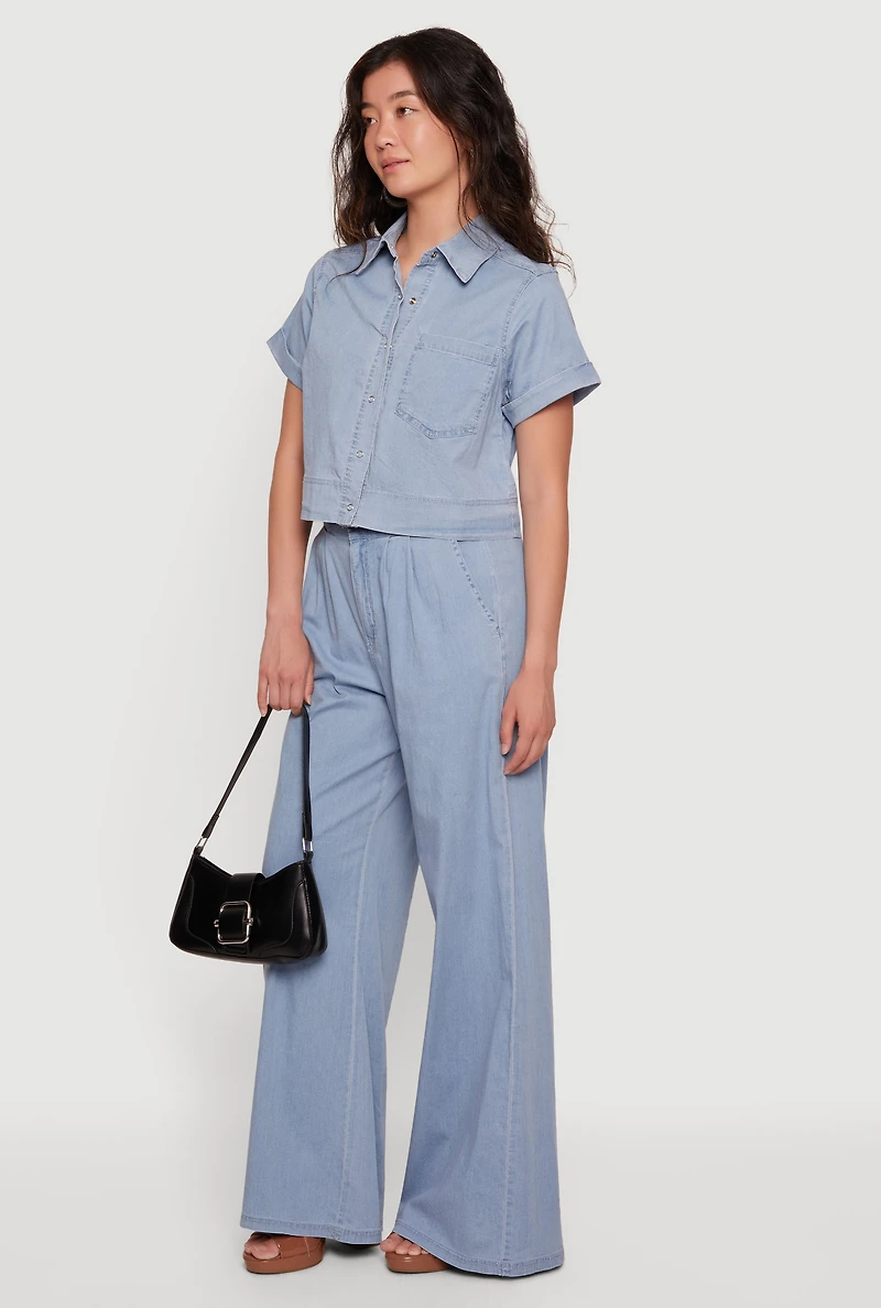 Chambray Cropped Snap Button Front Shirt
