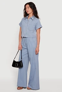 Chambray Cropped Snap Button Front Shirt