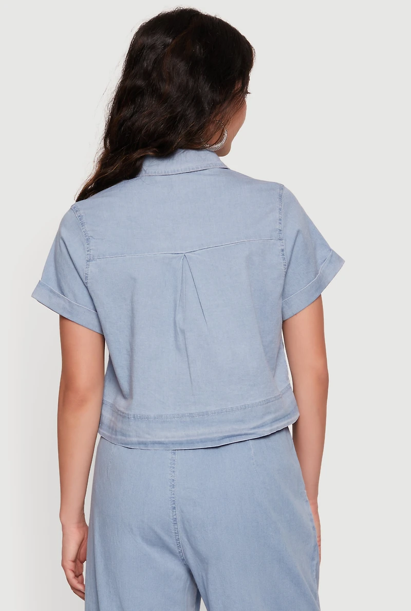 Chambray Cropped Snap Button Front Shirt