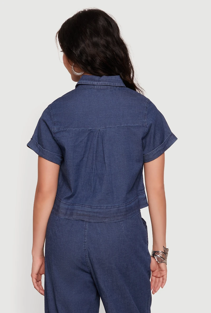 Chambray Cropped Snap Button Front Shirt