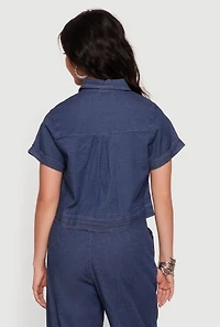 Chambray Cropped Snap Button Front Shirt
