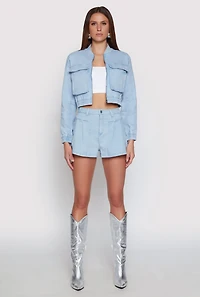 Womens Haute Monde Cargo Pocket Cropped Jean Jacket, Blue, Size S