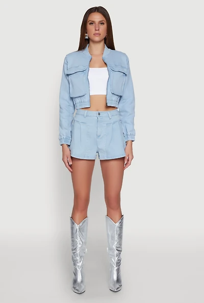 Womens Haute Monde Denim Pleated Shorts, Blue, Size L