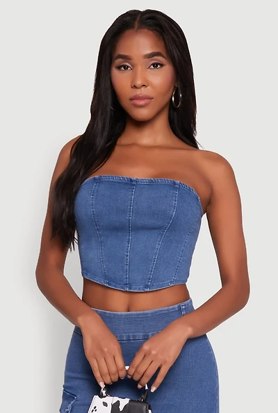 Womens Trendy Corset Tube Top with Cropped Hem, Blue, Size L