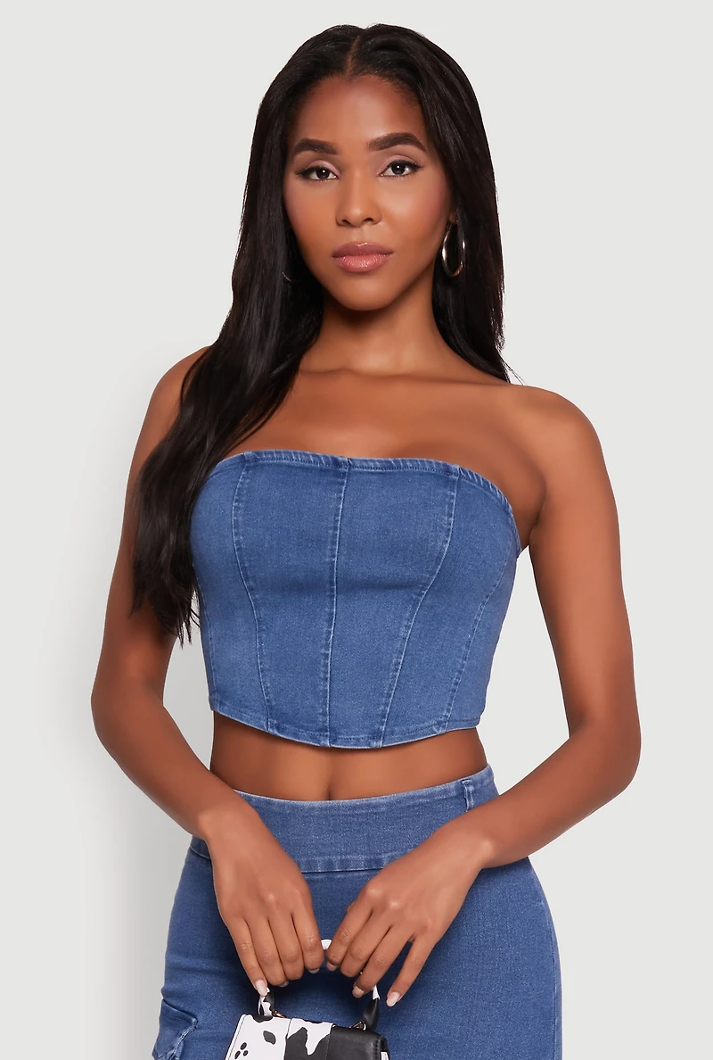 Womens Trendy Corset Tube Top with Cropped Hem, Blue, Size S
