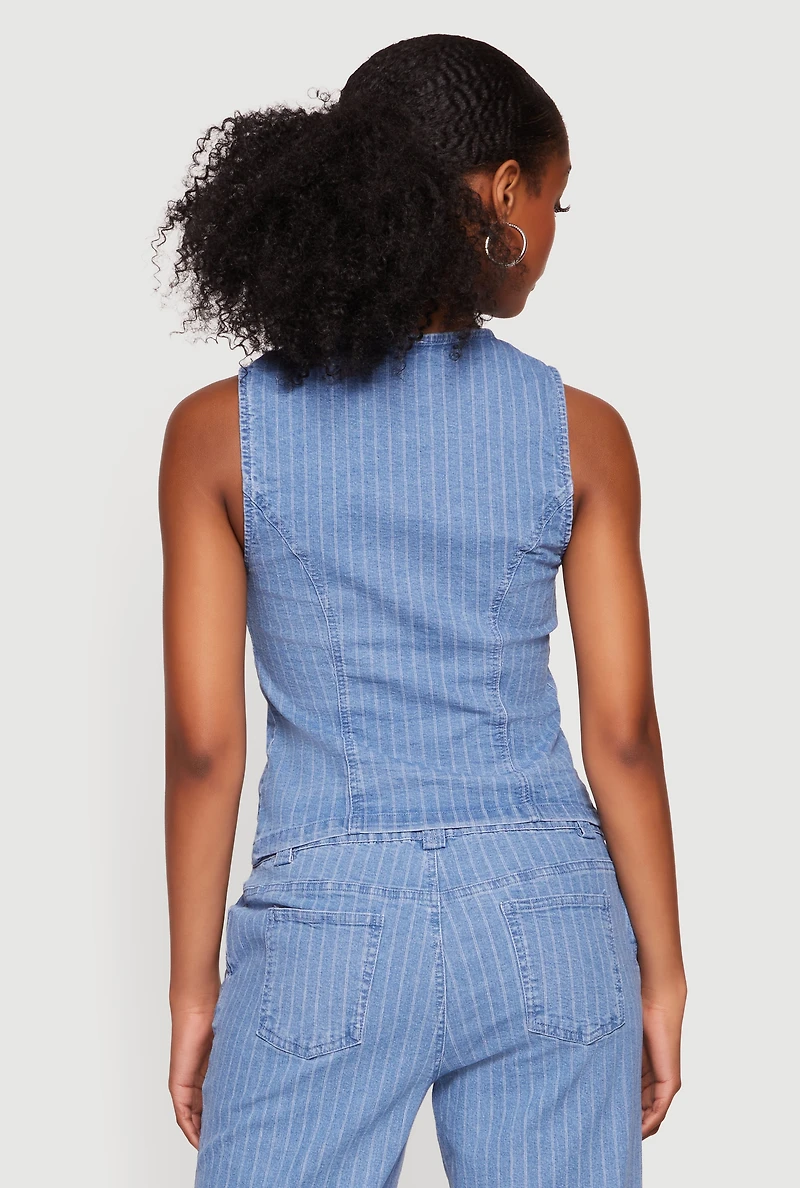 Pinstripe Denim Button Front Blazer Vest