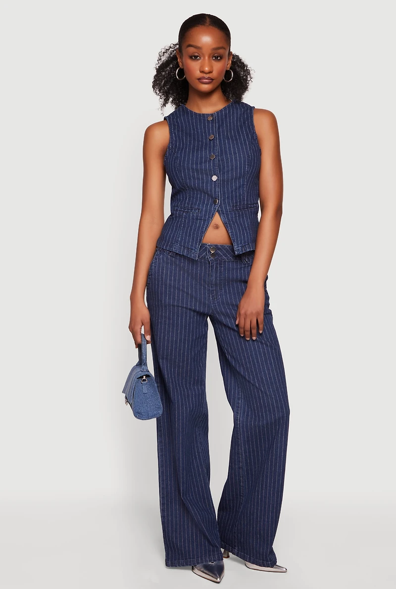 Pinstripe Denim Button Front Blazer Vest