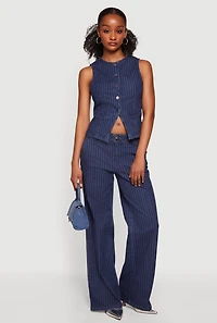 Pinstripe Denim Button Front Blazer Vest