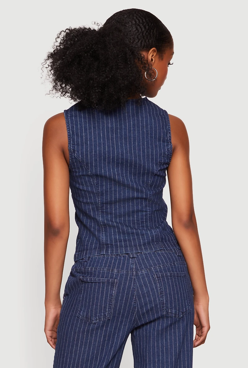 Pinstripe Denim Button Front Blazer Vest