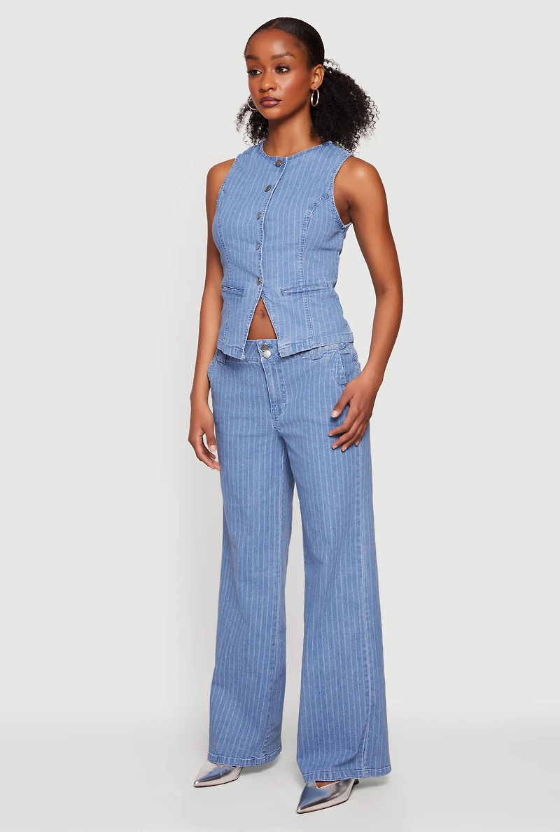 Pinstripe Mid Rise Wide Leg Jeans