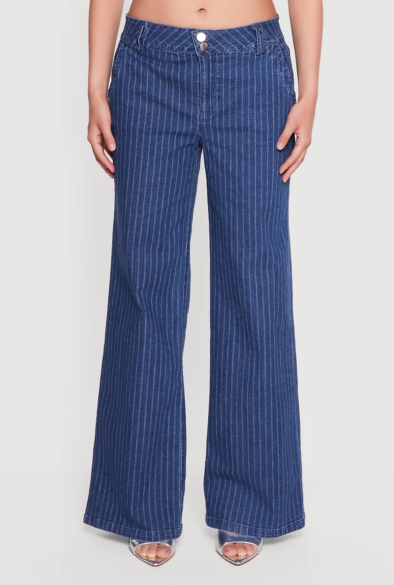 Pinstripe Mid Rise Wide Leg Jeans