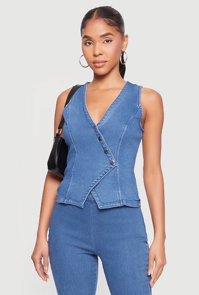 Denim Asymmetrical Button Front Blazer Vest