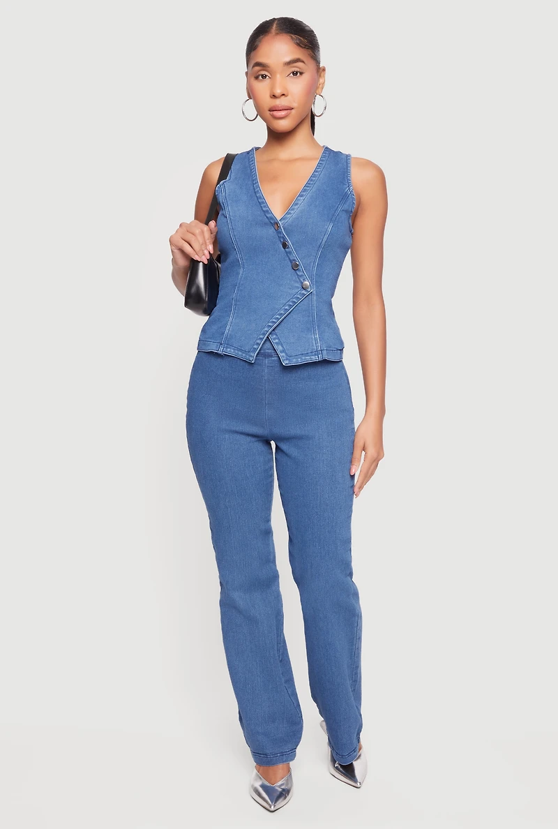 Denim Asymmetrical Button Front Blazer Vest
