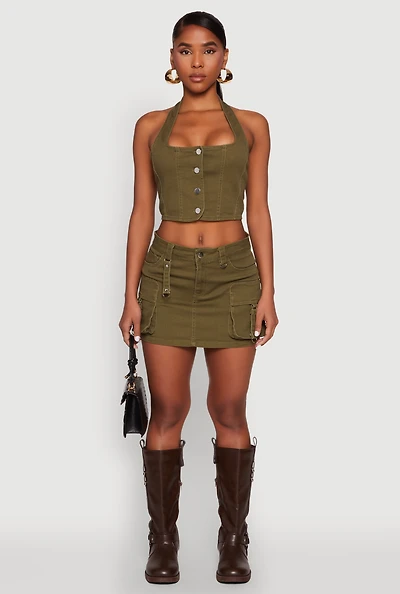 Womens Tabbed Cargo Mini Skirt, Green, Size S